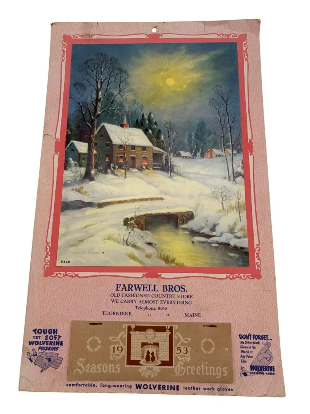 1953 Farwell Bros Thorndike Maine Wolverine Gloves Advertising Calendar Vintage